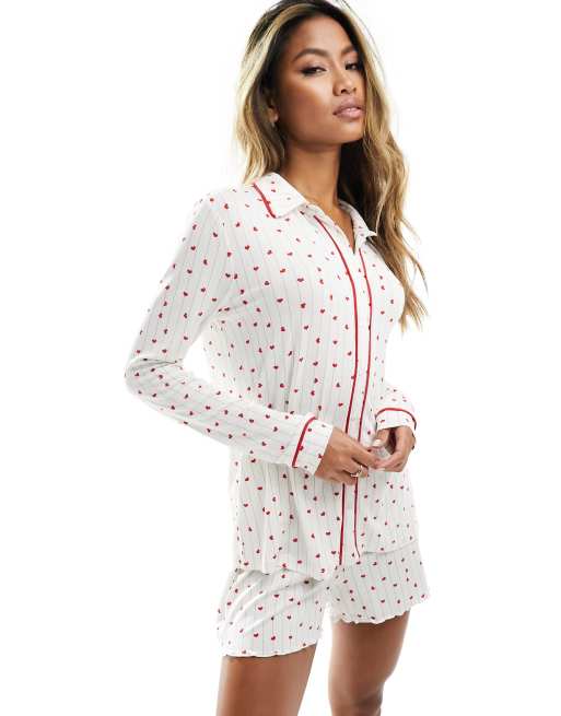 In The Style long sleeve shirt short pyjama set in heart print