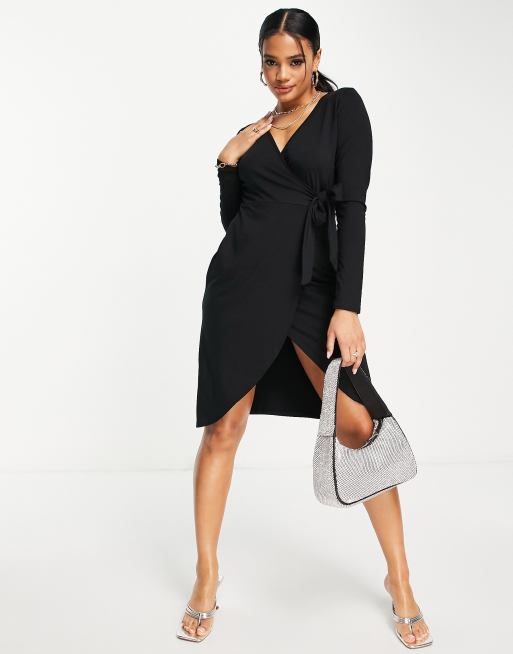 Black long sleeve hot sale wrap midi dress