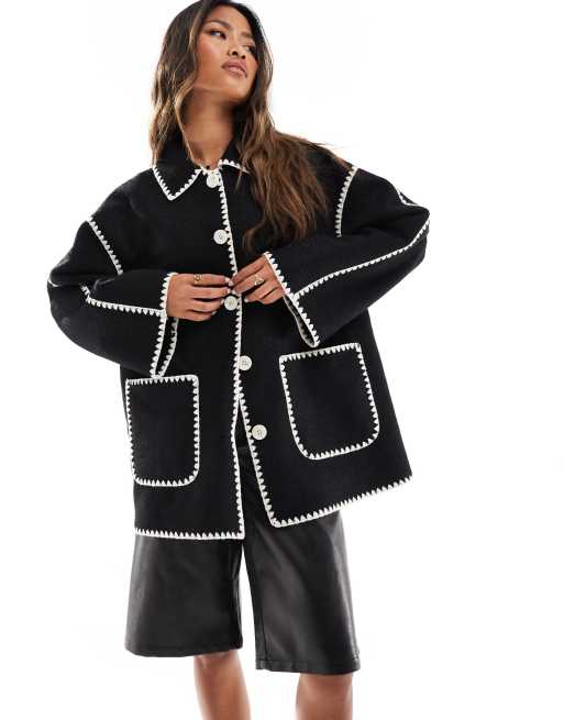 In The Style longline wool look contrast stitch jacket in black ASOS