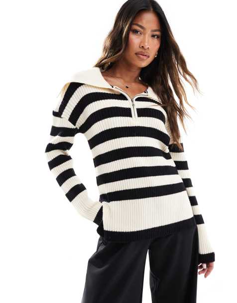 In The Style - Maglione a righe color pietra e nere con zip corta - view 1