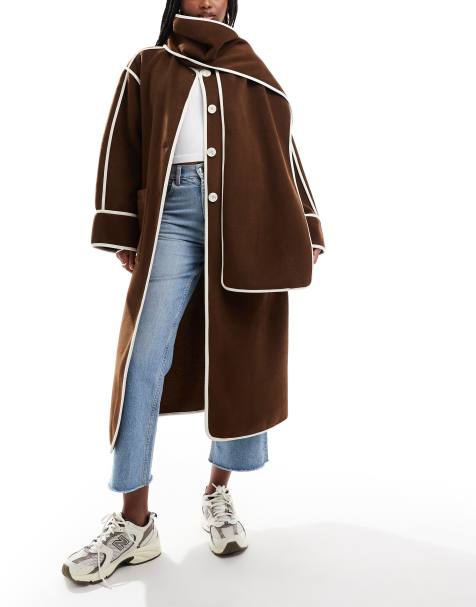In The Style - Manteau mi-long à bordures contrastées avec écharpe amovible - Chocolat - view 1