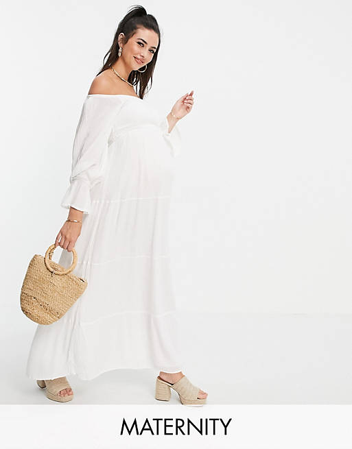 In The Style Maternity x Brooke Vincent bardot tiered maxi dress in white