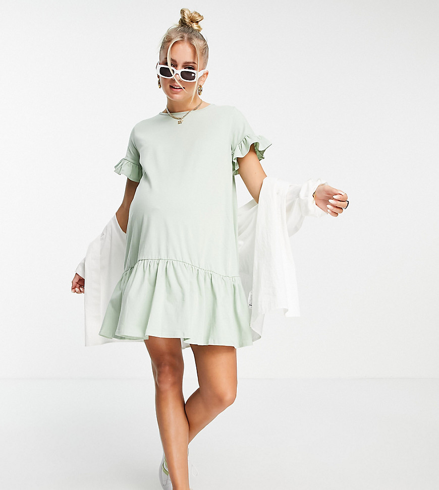In The Style Maternity x Brooke Vincent frill detail mini shift dress in sage-Green