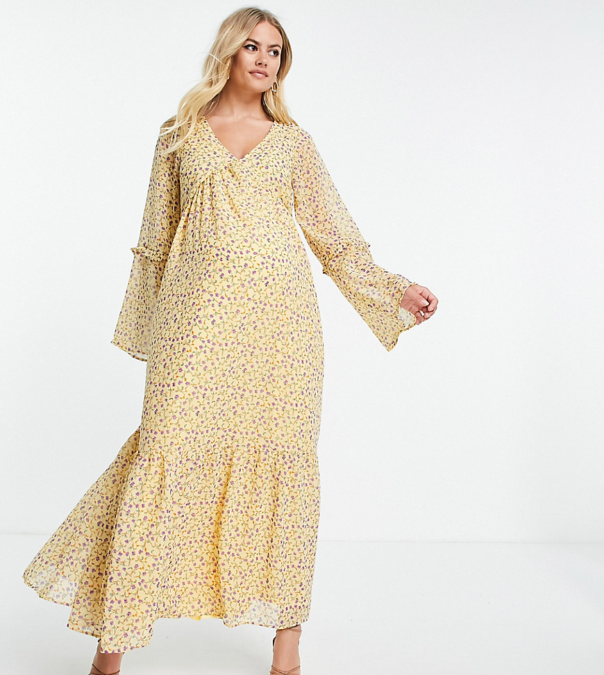 In The Style Maternity x Brooke Vincent volume sleeve maxi dress in yellow floral print