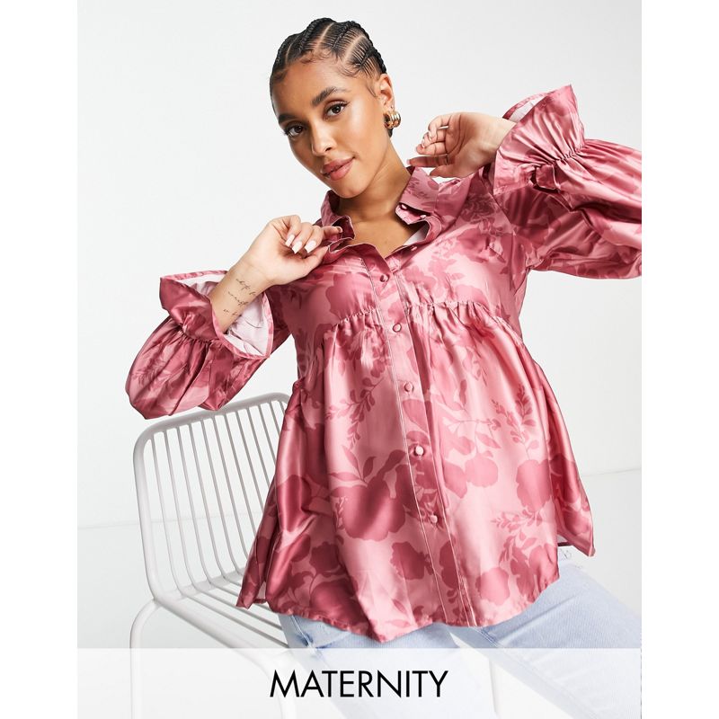 0s59o Top In The Style Maternity x Dani Dyer - Camicia grembiule a pieghe rosa con stampa a fiori