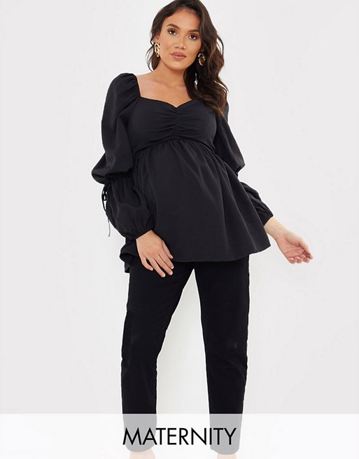 In The Style Maternity x Dani Dyer puff sleeeve shirred detail smock top in black