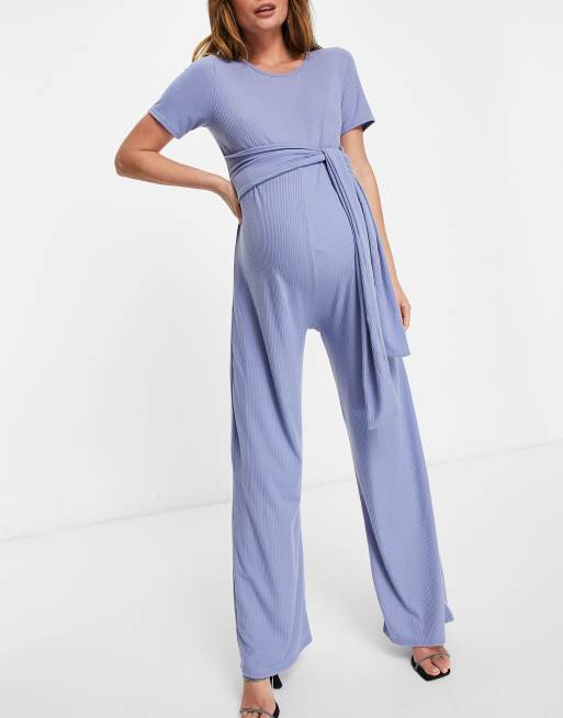 In The Style Maternity x Dani Dyer ribbed jumpsuit with belt detail in blue