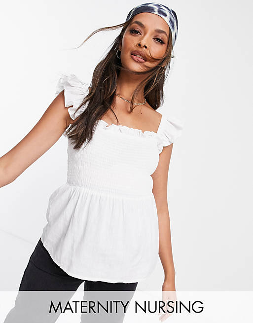 In The Style Nursing x Dani Dyer shirred crop top with frill shoulder detail in white