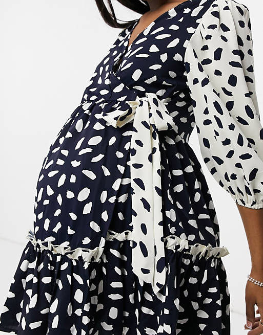 Dresses In The Style Maternity x Dani Dyer wrap detail contrast frilly skater dress in multi 