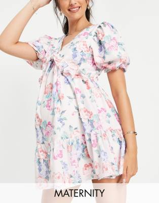 IN THE STYLE MATERNITY X ELLE DARBY PUFF SLEEVE FRILL DETAIL SMOCK DRESS IN MULTI FLORAL ED005-M