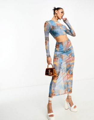 In The Style mesh column maxi skirt co-ord in blue marble