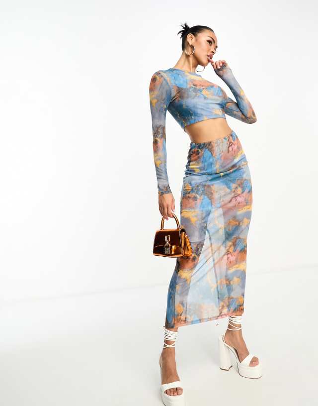 In The Style - mesh column maxi skirt co-ord in blue marble