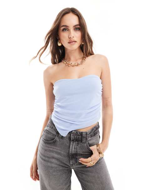 In The Style mesh ruched asymmetric hem bandeau top in blue - view 1