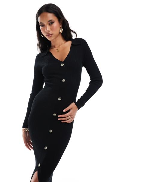 In The Style - Midi vest-jurk met knoopsluiting en V-hals in zwart - view 1