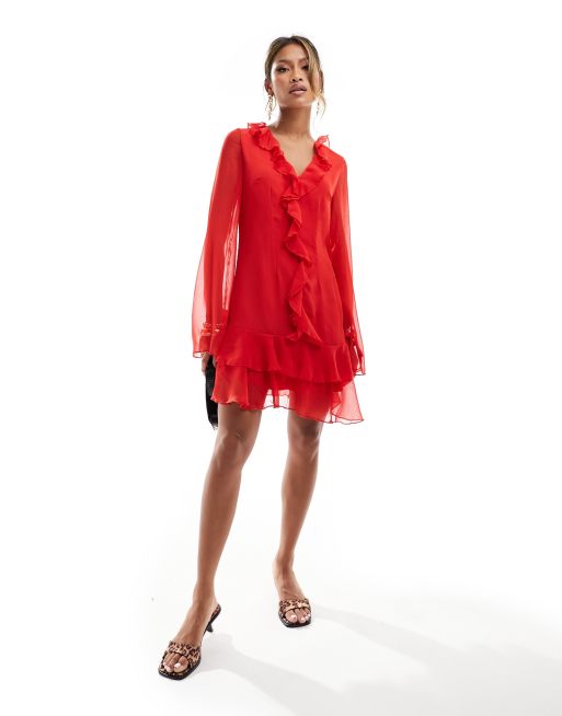 In The Style Mini jurk van chiffon met ruches en gestrikte mouwen in rood
