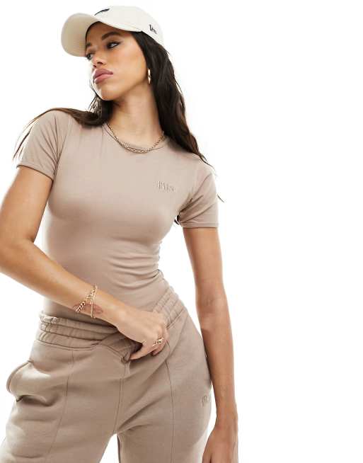 In The Style - Mokkabrunt sæt med bodystocking med rund hals og joggingbukser, 2 af 2