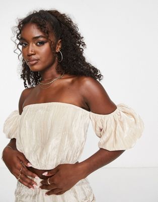 In The Style off shoulder puff sleeve crop top co-ord in camel - ASOS Price Checker