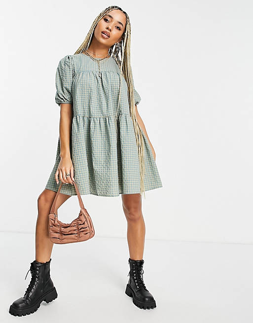 In The Style Olivia Bowen check smock dress in sage green