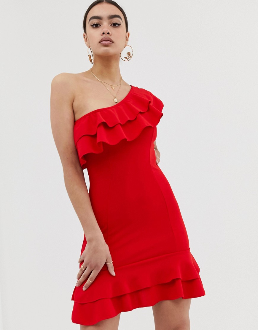 In The Style – One shoulder-klänning med volang-Röd