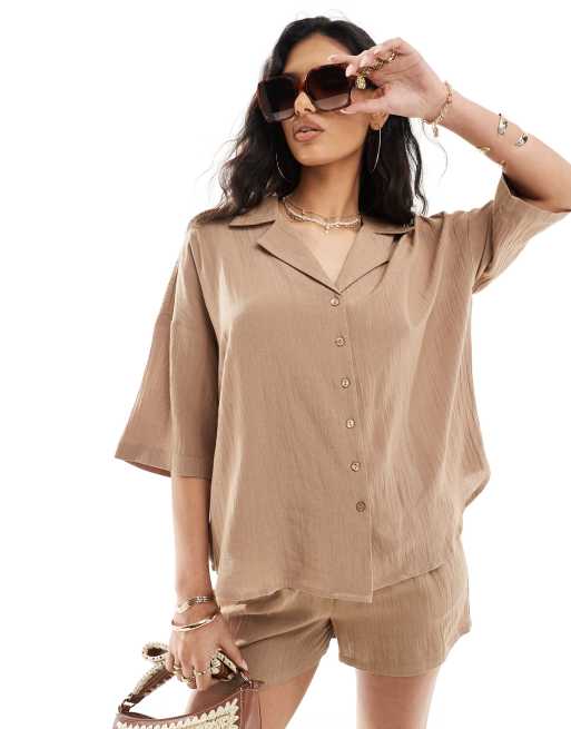 In The Style - Overhemd met linnenlook en korte mouwen in camel, deel van co-ord set