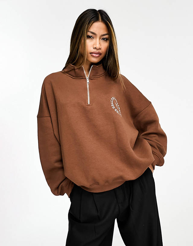 In The Style - oversized half zip sweatshirt in chocolate