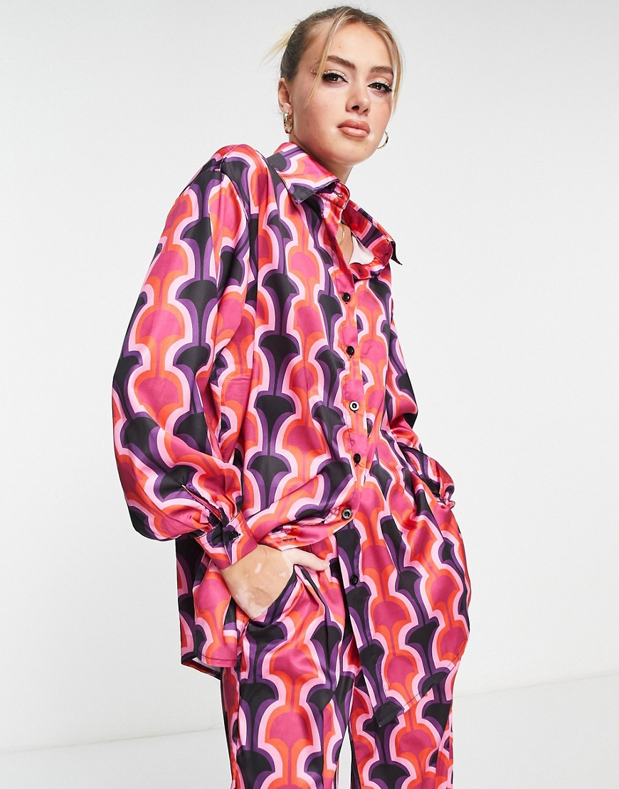 In The Style oversized shirt in pink geo print - part of a set-Multi