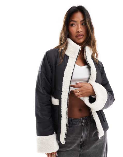 In The Style padded and borg trim jacket in black and cream - view 1