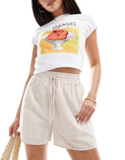 In The Style - Pantaloncini color crema a righe con coulisse