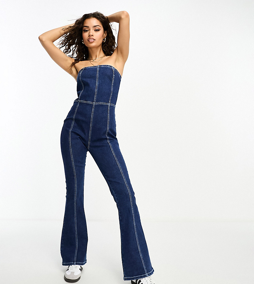 In The Style Petite exclusive denim bandeau flared jumpsuit in dark blue