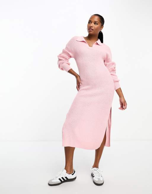 In The Style Petite exclusive knitted collar detail midi jumper dress in pink