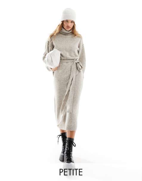 In The Style Petite exclusive knitted roll neck belted maxi dress in stone - view 1