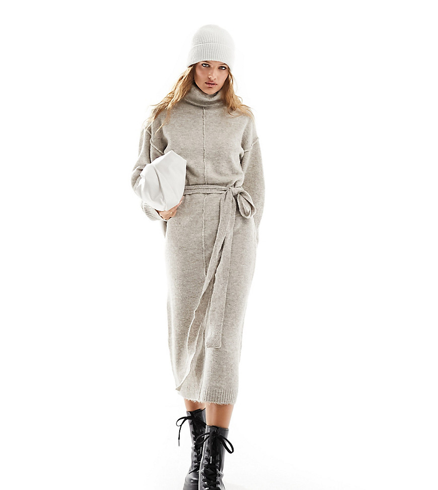 In The Style Petite exclusive knitted roll neck belted maxi dress in stone-Neutral