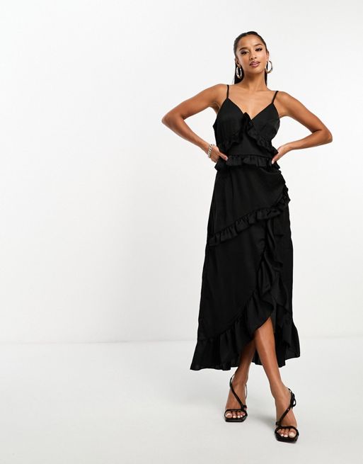 In The Style Petite exclusive ruffle trim cami maxi dress in black
