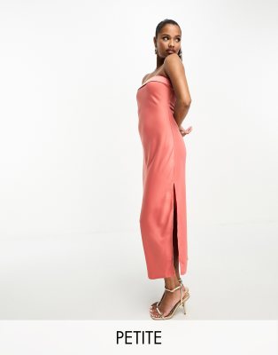 In The Style Petite exclusive satin bandeau midi slip dress in coral-Orange