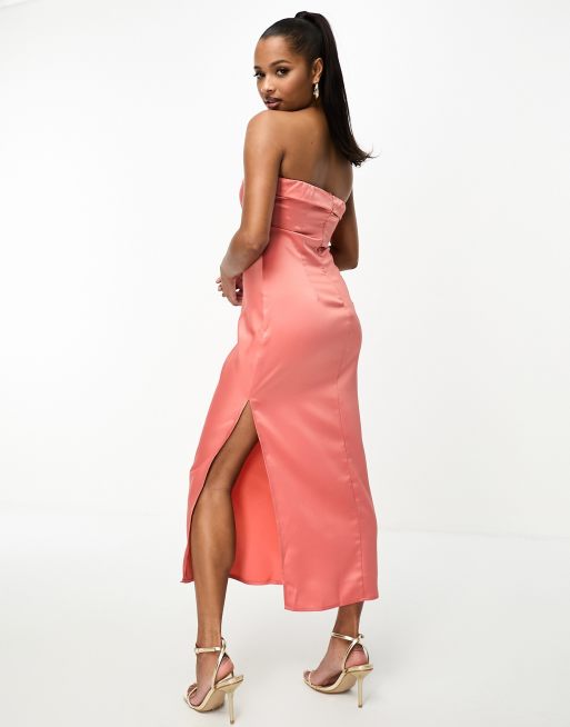 In The Style Petite exclusive satin bandeau midi slip dress in coral ASOS