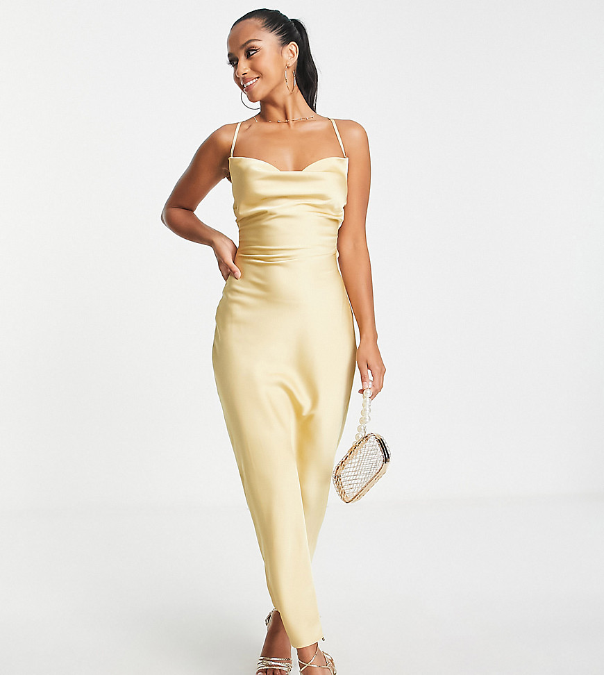 In The Style Petite exclusive satin cowl front midi dress in gold