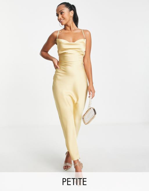 In The Style Petite exclusive satin cowl front midi dress in gold