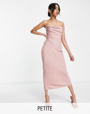 In The Style Petite Exclusive satin cowl neck midi dress in blush pink