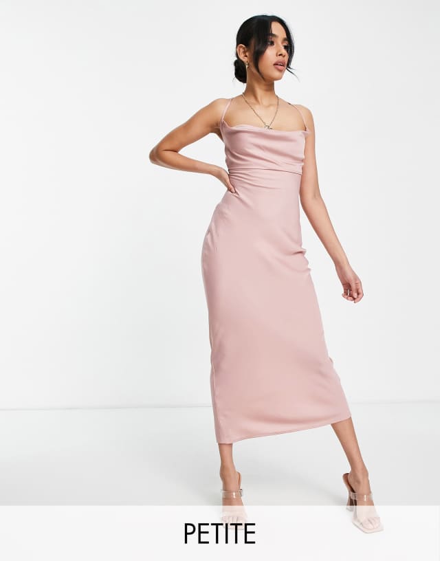 In The Style Petite - exclusive satin cowl neck midi dress in blush pink