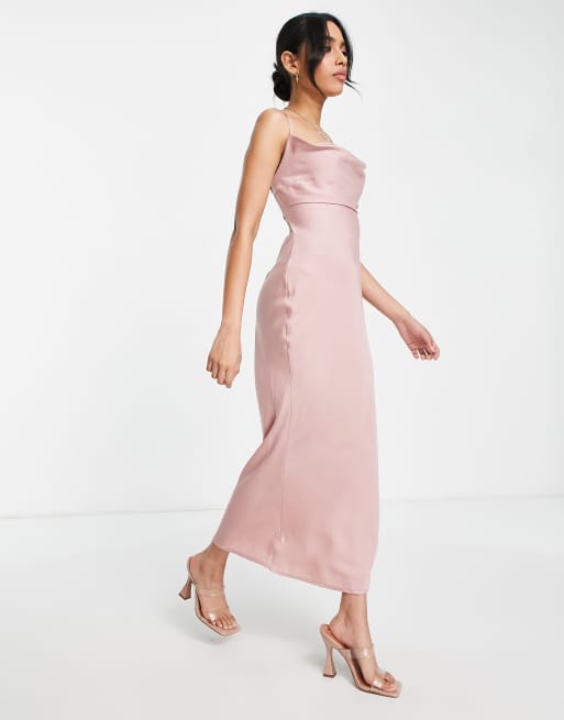 In The Style Petite Exclusive satin cowl neck midi dress in blush pink