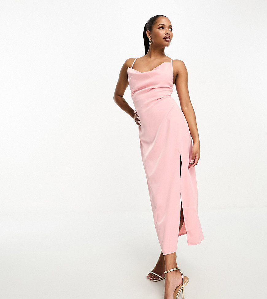 In The Style Petite exclusive satin cowl neck tie back maxi dress in soft pink