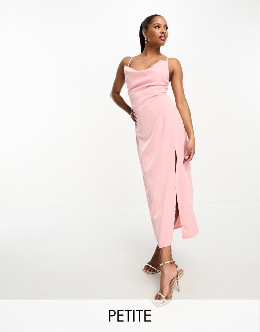 In The Style Petite exclusive satin cowl neck tie back maxi dress in soft pink