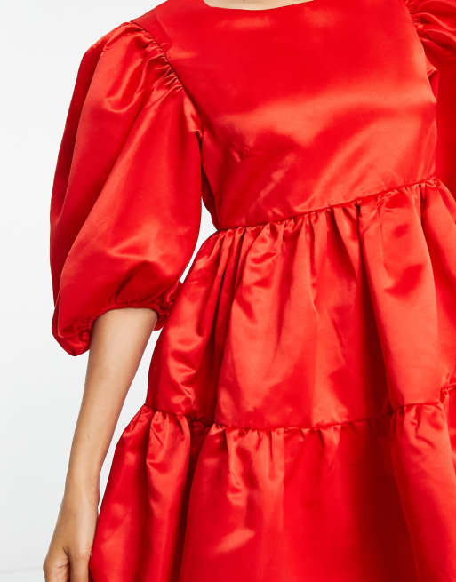 open lace back dress Vintage Red Taffeta Puff Sleeve Dress - S
