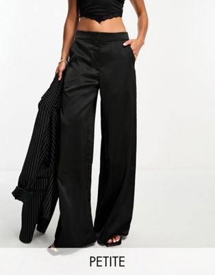 In The Style Petite exclusive satin wide leg trousers in black - ASOS Price Checker