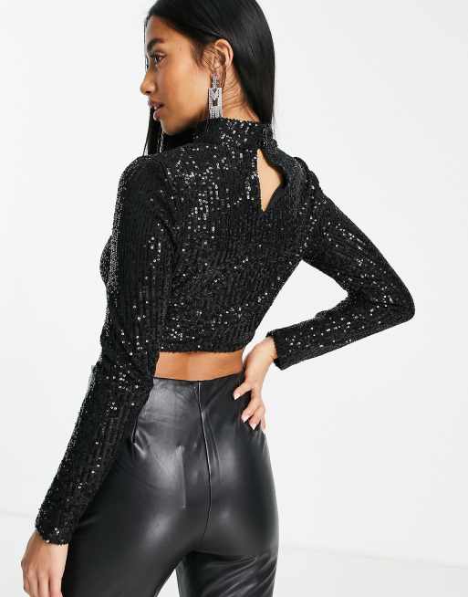 In The Style Petite exclusive sequin high neck top in black, 2 of 4