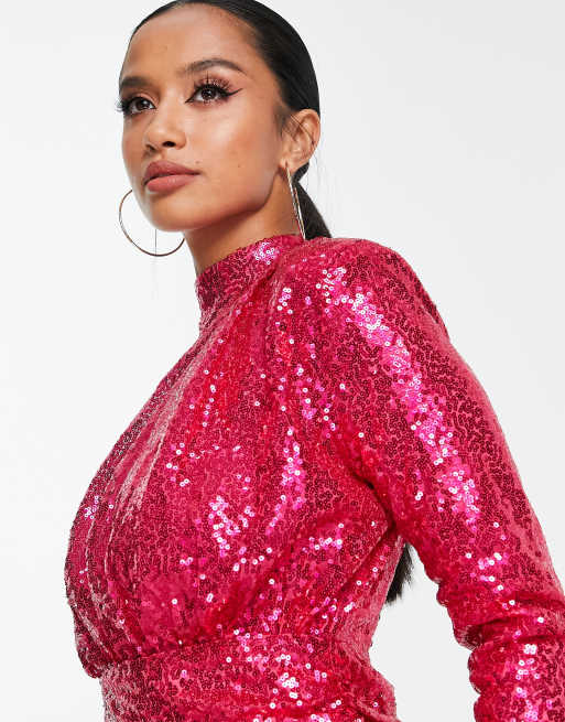 In The Style Petite Exclusive Sequin Mini Dress with Open Back Detail in Cerise Pink