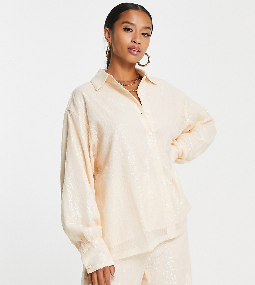 In The Style Petite exclusive sequin oversized shirt co-ord in champagne-Black