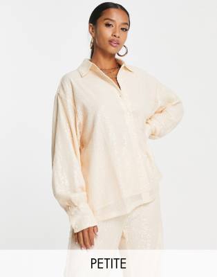 In The Style Petite exclusive sequin oversized shirt in champagne (part of a set)
