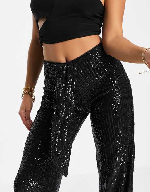 Black Sequin Pants - Wide-Leg Sequin Pants - Front Slit Pants - Lulus