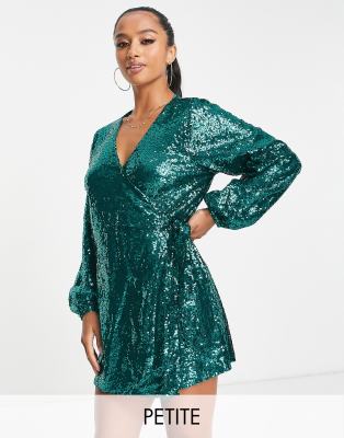 In Awe Petite Bottle Green Sequin Wrap Long Sleeve Belted Mini